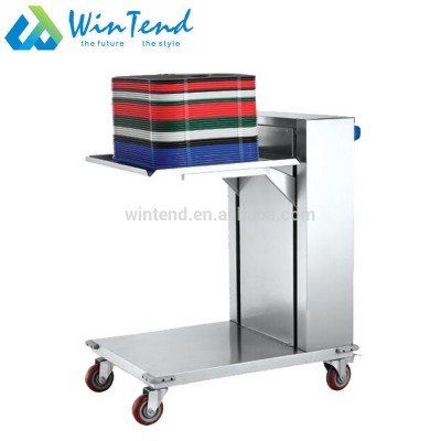 Restaurant stainless steel plate and tray dispenser carrying trolley cart with wheels